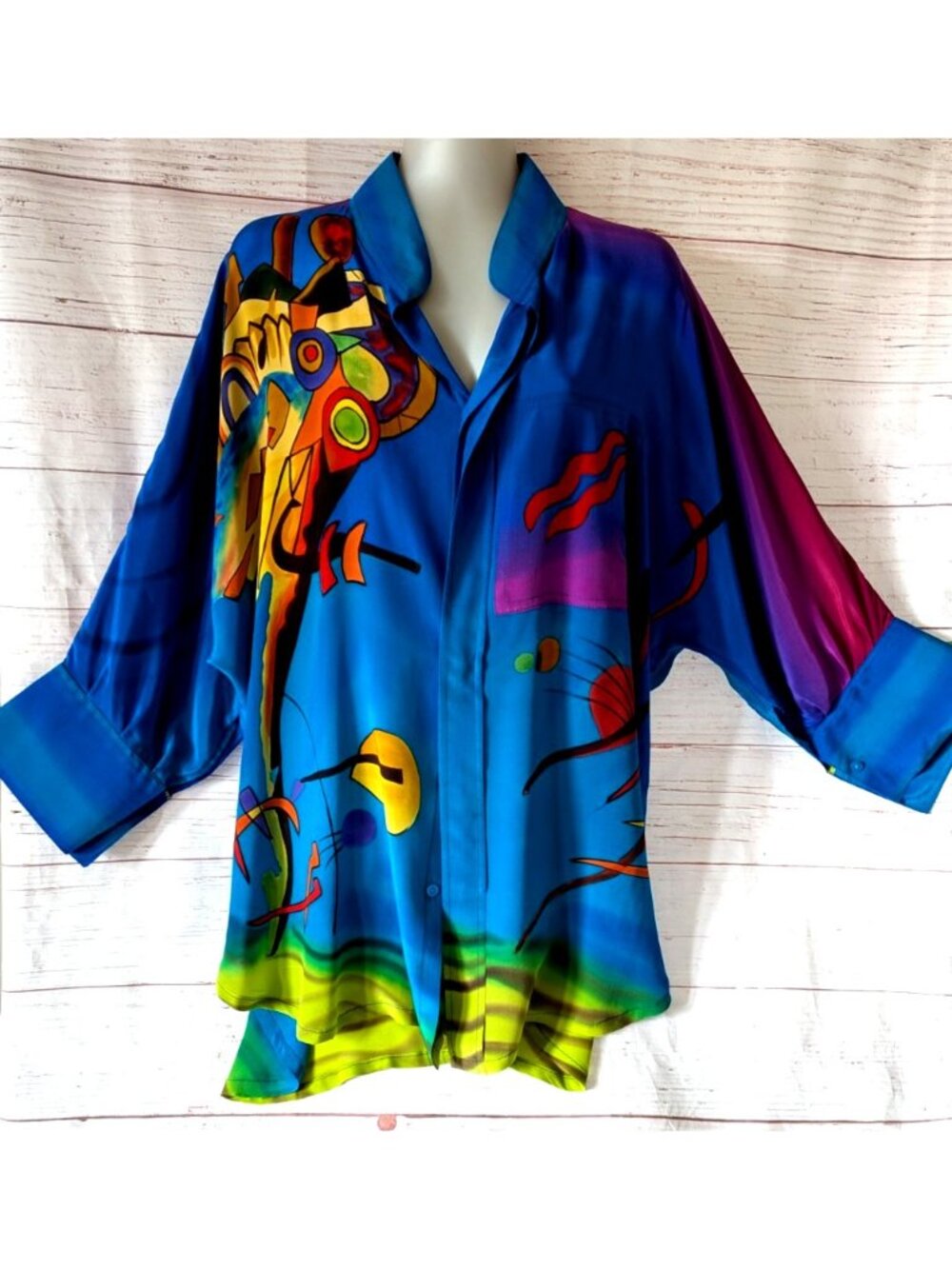 Dilemma by Dhun Shroff 100% Silk Blouse Electric Blue Abstract Print Women’s OS